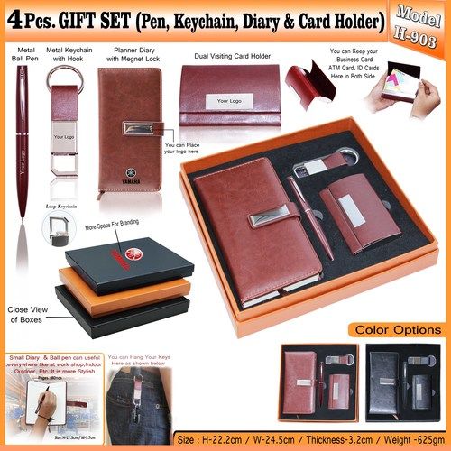 Gold 4Pcs Gift Set (Pen, Keychain, Dairy And Card Holder) H-903