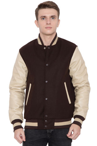 Knit Collar Brown Wool Body with Parchment Leather Sleeves Varsity - Men's