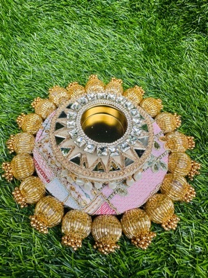 Crystal Diya - 4x4 Inches Acrylic Square Design Elegant Red Color with Crystal Embellishments