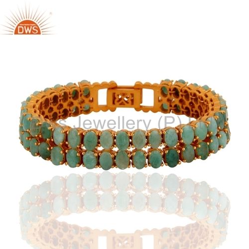 Natural Emerald Gemstone Gold Plated Silver Bracelet