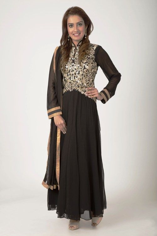 Black Faux Georgette Anarkali Suit