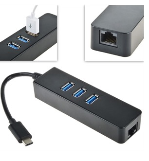 USB 3.1 Type C to 3-Port USB 3.0 Hub with Ethernet Adapter