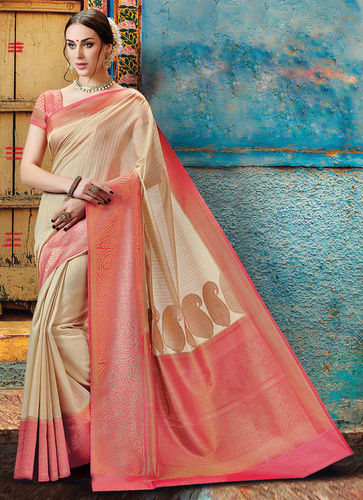 Meghdoot Beige And Pink Colour Kanchipuram Spun Silk Woven Saree