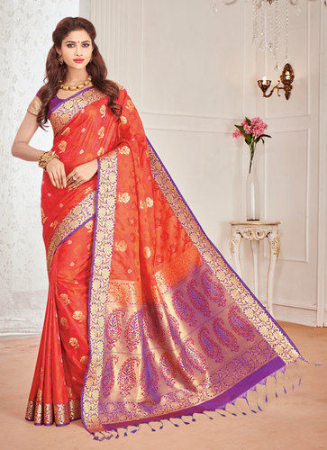 Meghdoot Orange And Purple Colour Woven Art Silk Saree