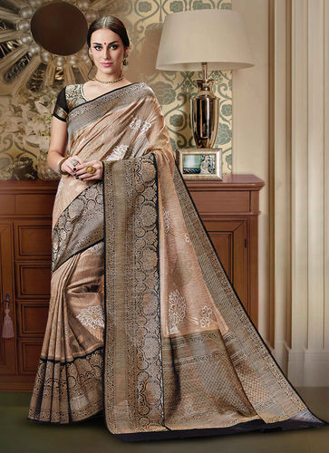 Meghdoot Traditional Beige and Black Kanchipuram Spun Silk Saree