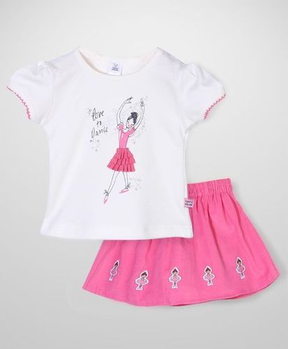 Girl Print Top & Skirt - White & Pink