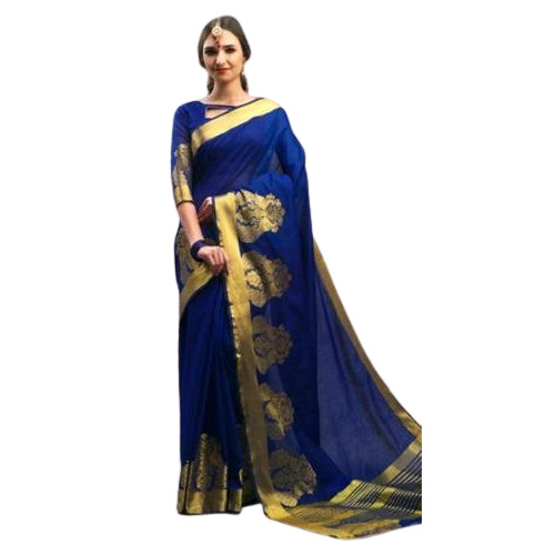 Chanderi Cotton Saree with Blouse - 5.25 Meters Length, Blue Color | Zari Work, Woven Pattern, Ideal for Summer
