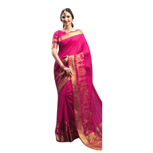 Pink Chanderi Cotton Zari Border Saree - 5.25 Meters Long, Traditional Woven Design with Zari Work, Ideal for Summer Wear