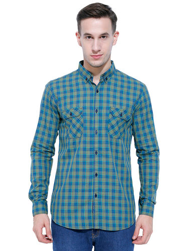 Men'S Green & Blue Checked Slim Fit Casual Shirt Age Group: 16+