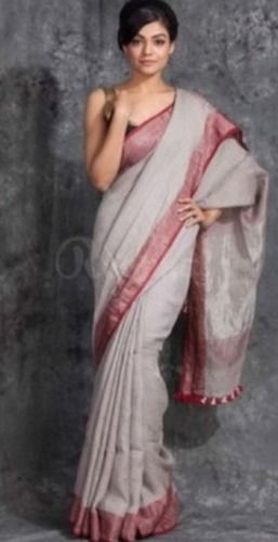 Grey Linen Saree With Maroon Zari Border