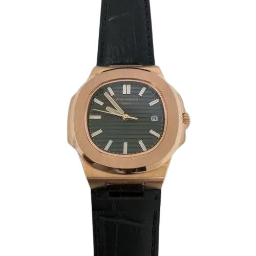 Rose Gold Patek Philippe Nautilus Black Leather Strap Swiss Eta Mens Watch