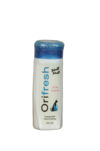 पिल्ले, बिल्ली के बच्चे, कुत्ते और बिल्लियों के लिए सफेद वुफ-वुफ ओरिफ्रेश ग्रूमिंग पाउडर 100 ग्राम