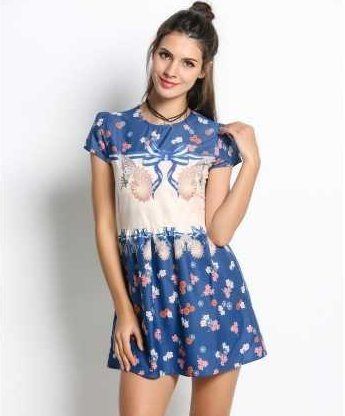 Print Short Sleeve Slim Women O-neck Mini Beach Dress