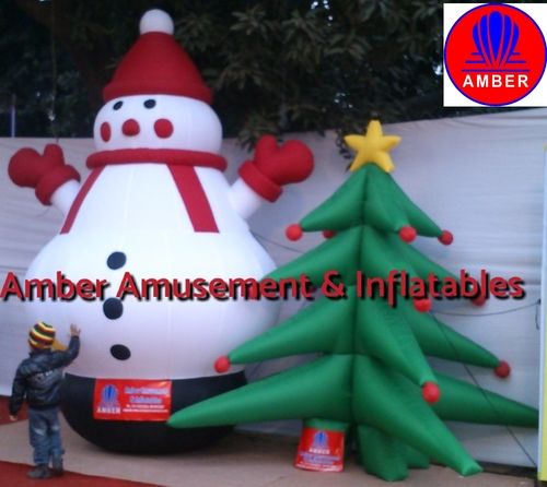 Brown Inflatable Snow Man And Christmas Tree