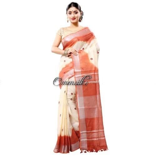 Embroidered Flame Orange Linen Saree