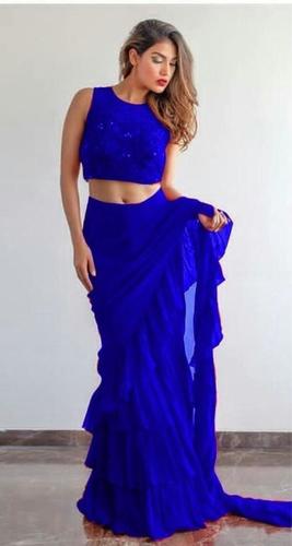 Georgette Ruffle Saree With Blue Color