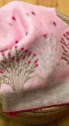 Embroidered Linen Embroidery Saree With Pink Border Contrast Blouse