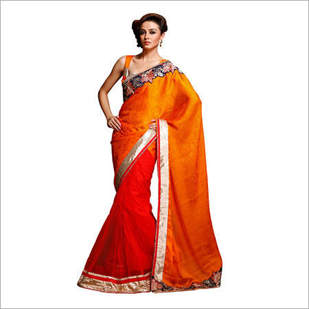 Lehenga Style Saree - Faux Chiffon Jacquard & Net, Vibrant Colors with Sequined Velvet & Antique Zari Appliqué Border