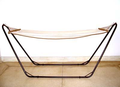 Fabric Hammock With Brown Stand - Polyester Fabric, Steel Stand, 5ft x 3ft, Beige | Portable, Durable, Easy Setup, 150kg Load Capacity