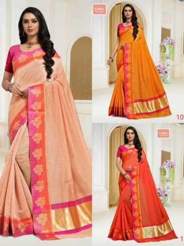 Pink Cotton Silk Flower Figure Border Sarees