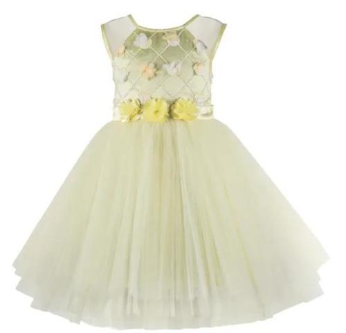 Yellow Kids Flower Applique Light Green Tutu Girls Party Wear Dress