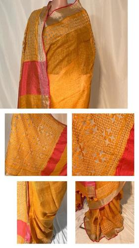 Plain Pure Linen By Linen 120 Count Hand Applique Work Saree