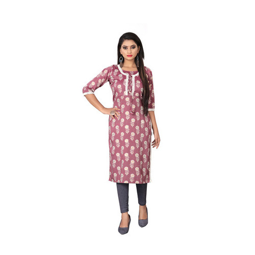 Pink Printed Rayon Two Tone Kurti - Bust Size: 38 Inch (In)