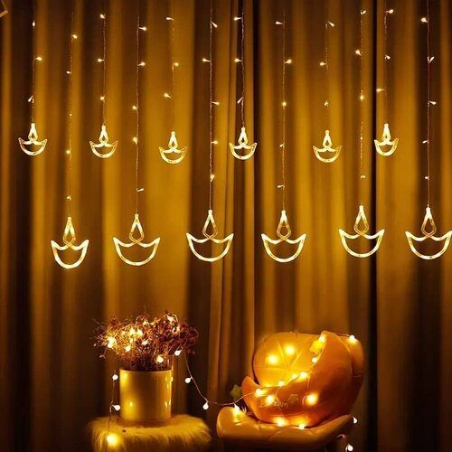 X4Cart 2 Diya Curtain String Lights, Window Curtain Lights with 8 Flashing Modes Decoration for Diwali, Christmas, Wedding, Party, Home, Patio Lawn, Warm White (6+6 Diyas)