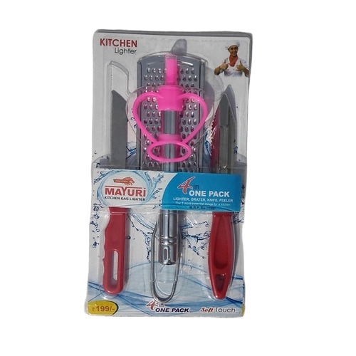 Four in One Kitchen Gas Lighter - Stainless Steel, Standard Size | Stain Resistant, Strong Spark Mechanism, Includes Knife, Peeler, and Grater