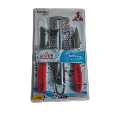 Four in One Kitchen Gas Lighter - Stainless Steel, 12mm Size | Strong Body Spark Mechanism, Stain Resistant Set with Knife, Peeler, and Grater