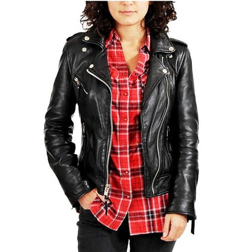 Black Leather Ladies Jacket - Color: Blue