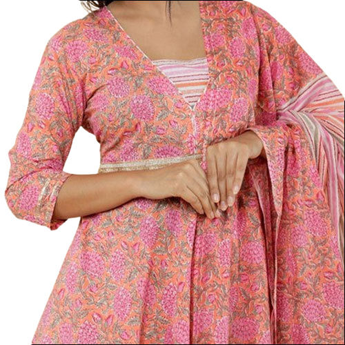 Pink Ladies 3/4Th Sleeves Party Wear Printed Cotton Kurti