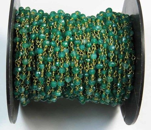 Green Onyx Faceted Beads Wire Wrapped 3mm To 4 mm Rosary Style Chain With Gold Plating