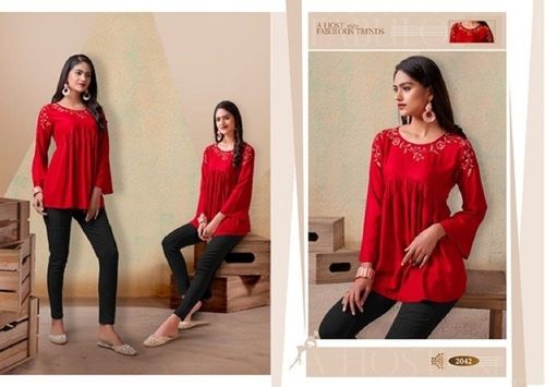 Red Heavy Rayon Women Short Top With Designer Style