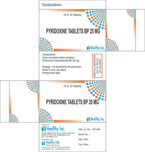 आहार अनुपूरक पाइरिडोक्सिन हाइड्रोक्लोराइड (विटामिन B6) टैबलेट बीपी (10x10 पैक) 