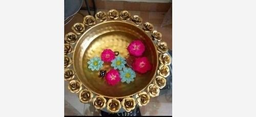 Golden Finish Designer Pooja Thali With Brass Material And Round Shape