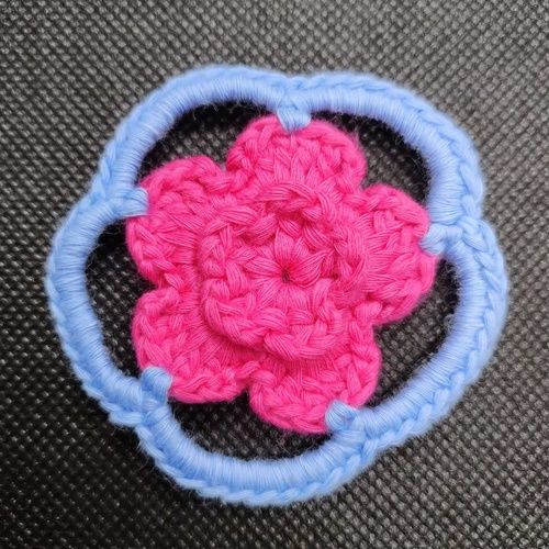 Plain Pink With Blue Cotton Knitted Flowers Applique For Bags And Dress