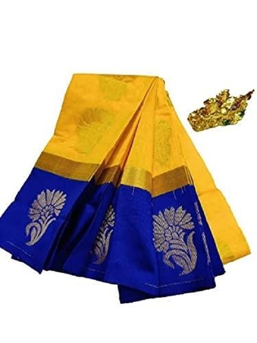 Yellow And Blue Women Kota Silk Cotton Saree With Contrast Border Butta And Golden Zari Pallu