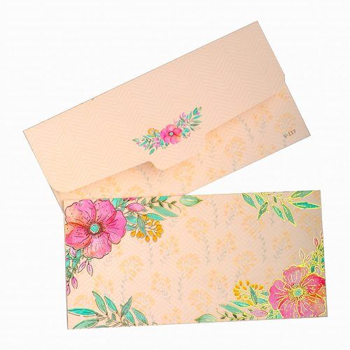 Cream Color Floral Printed Design Shagun Envelopes Velvet Feel For Occasion Marriage Card