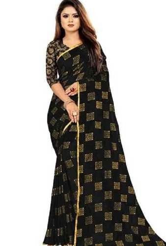 Spring Ladies Party Wear Tear-Resistant Lightweighted Black Printed Cotton Saree