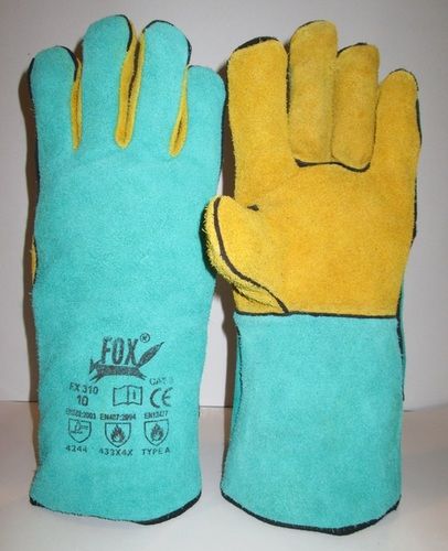 Ce Certified Yellow And Green Leather Welder Gloves With Inside Lining