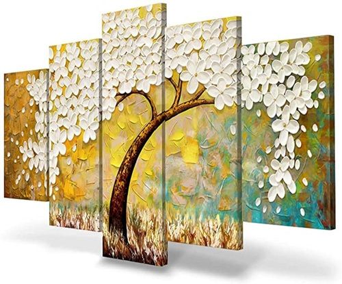 Eco-Friendly Wall Paintings For Living Room White Flower Wall Art Tree Of Life Canvas Artwork