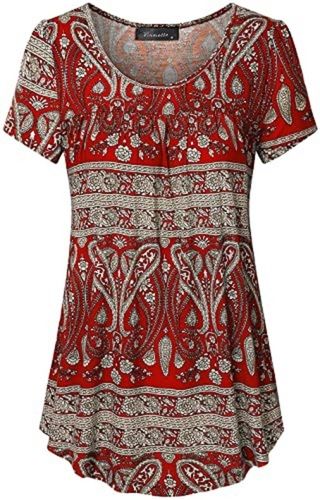 Ladies Casual Short Sleeves Scoop-Neck Multicolored Printed Cotton Tunic Tops Bust Size: 32 Inch (In)