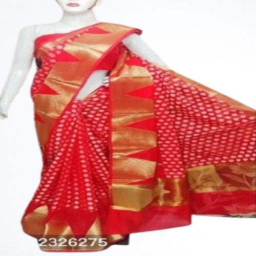 Ethnic Wear Banarasi Soft Cotton Temple Border Red Saree