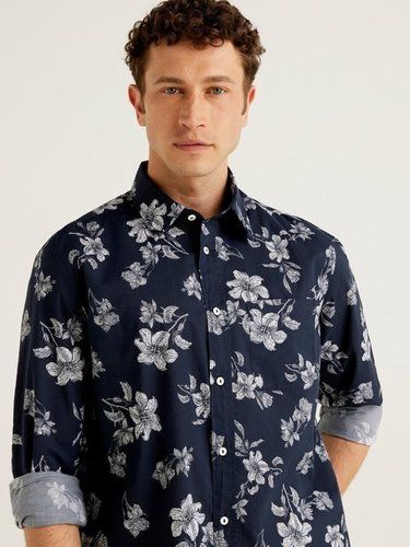 Green 100% Pure Fancy Traditional And Stylish Look Full Selves With Flower Printed Men'S Shirt Navy Blue White