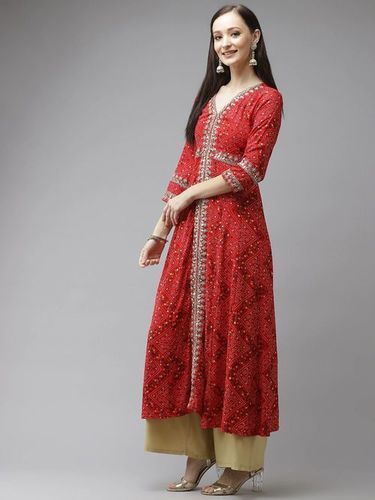 100 % Pure Cotton Full Sleeve And V Shape Neck Bandani Style Kurti For Ladies