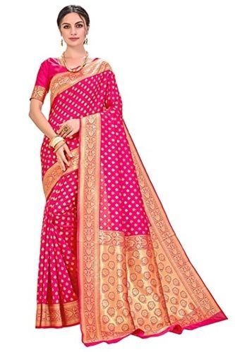 Ladies Elegant Look Party Wear Pink And Golden Printed Silk Banarasi Saree