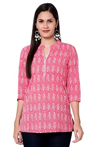 Women Fashionable 3/4 Sleeves And Round Neck Cotton Pink Printed Top - Cotton Fabric, Length: 12cm , Stunning Pink Print, Perfect For Layering & Evening Wear