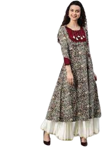Fashionable Round Neck 3/4 Sleeves Floral Printed Cotton Kurti For Ethnic Wear