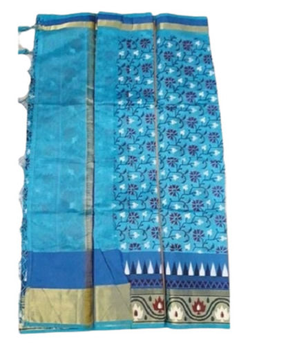 Light Blue Washable Weddings And Parties Wear Soft Cotton Printed Saree With Blouse 